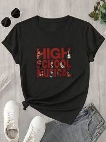 Camiseta de manga corta con cuello redondo y estampado del logo de un instituto de música para mujer, apta para todas las estaciones. - Negro - Ver 1