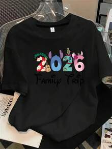 Camiseta de manga corta con cuello redondo para mujer con estampado del logo, perfecta para salidas familiares y viajes en 2016, apta para todas las estaciones. - Negro - Ver 1