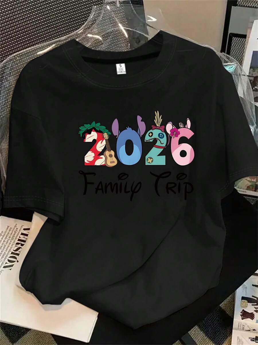 Camiseta de manga corta con cuello redondo para mujer con estampado del logo, perfecta para salidas familiares y viajes en 2016, apta para todas las estaciones. - Negro - Ver 1