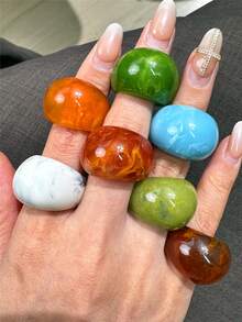 4pcs/Set Cincin Resin Minimalis Geometris Unik Bergaya, Set Cincin Oval Besar, Cokelat, Merah, Hijau, Abu-abu, Putih, Gaya Wanita, Cocok untuk Pemakaian Sehari-hari, Liburan, dan Pesta. - MultiWarna - View 3