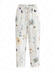 Pantalones de cintura con cordón estampado floral para mujer talla grande, casuales blancos para vacaciones - Blanco - Ver 3