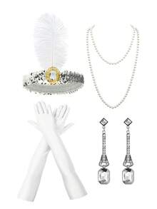 4件組 Forever & Moment 1920年代女性 Flapper 配件套裝 – 咆哮20年代 偉大蓋茨比 頭飾、耳環、人造珍珠項鍊、手套，適用於 Flapper 裝扮配件 - 多色 - 查看 12