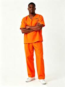 1 Set Kostum Cosplay Dewasa Peran Narapidana Seragam Penjara <Termasuk Atasan + Celana> - Burnt Orange - View 3