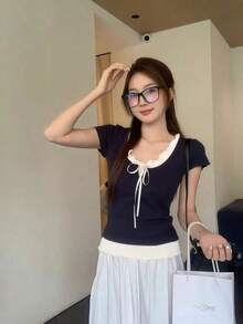 Summer Tie-Dye Contrast Color 2 In 1 Short Sleeve T-Shirt, Ruffle Hem Fitted Textured Blouse For Women - Navy Blue - View 3