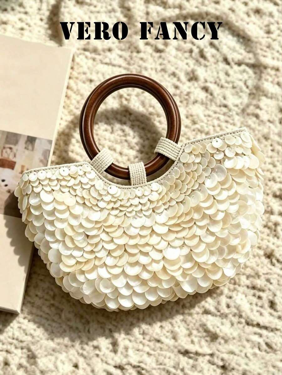 Fashionable Large Capacity Sequin Semi-Circular Bag, Niche Design Temperament Round Handle Handbag, Suitable For Shopping And Attending Parties