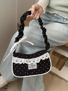Fashion Pleated Polka Dot Lace Trim Handheld Shoulder Underarm Bag - Black - View 3