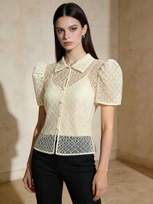 1pc Modern Filipiniana Blouse, Front Button Hollow Out Short Sleeve Shirt Top For Women, Classy For Holiday Evening Date - Champagne - View 1