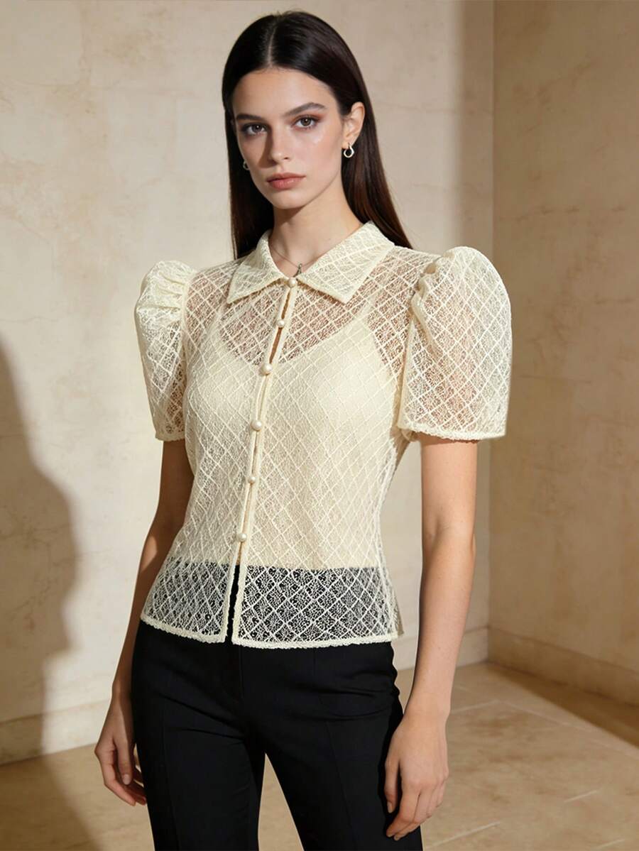 1pc Modern Filipiniana Blouse, Front Button Hollow Out Short Sleeve Shirt Top For Women, Classy For Holiday Evening Date - Champagne - View 1