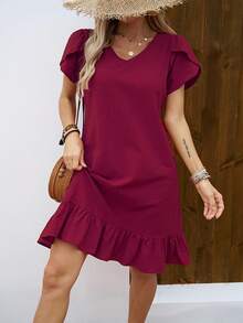Vestido de Mujer con Cuello en V, Mangas de Concha y Volantes - Negro mate - Ver 11