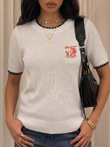 Apperloth A Ribbed Knit Sweaters Print Tops Round Neck Short Sleeve Contrast Trim Basic Pullover Casual Daily Versatile Fall Clothes Thanksgiving Outfit For Women - White - View 3