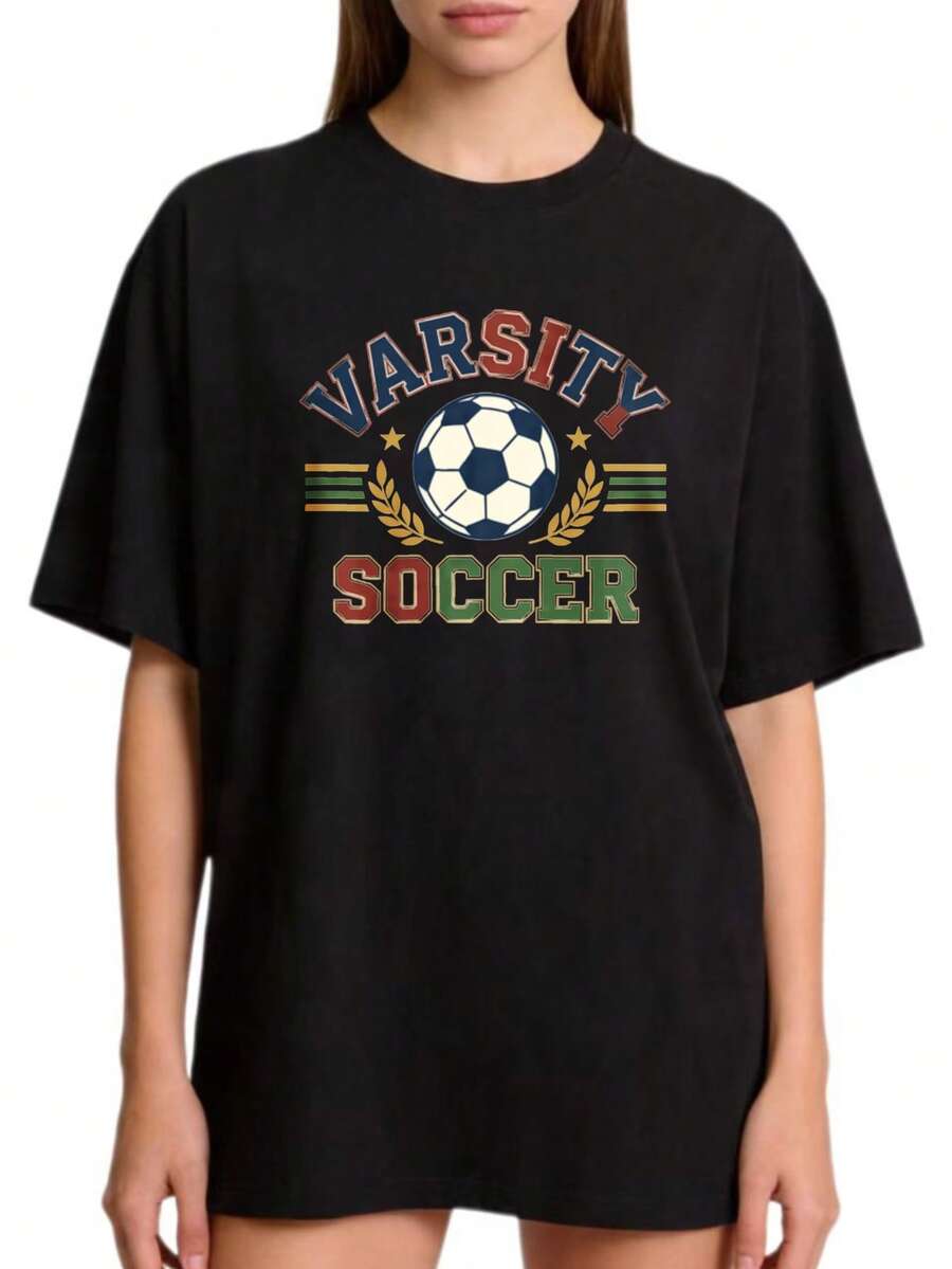 Plus Size Premium - Women's 100% Cotton Crew Neck T-Shirt, Plus Size, With American Football And Crown Design, Ideal For Casual Wear And Activities, A Game Day Must-Have. . - 黑色 - 查看 1