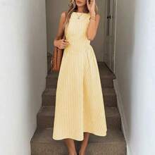 yonghongmaoyi1  X GALILEA  LUNE Vestido midi entallado en la cintura con pliegues, de cuello redondo y sin mangas, de tela de algodón a rayas, casual, elegante para el resort y uso diario para mujeres - Multicolor - Ver 6