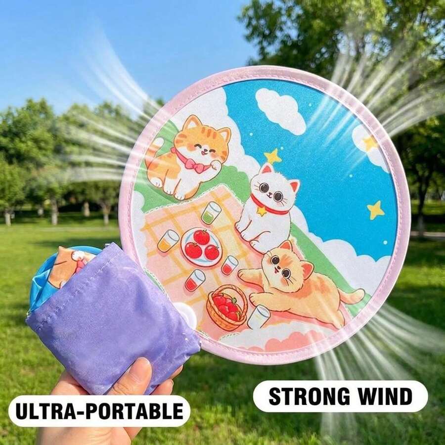 1pc/5pcs/10pcs Cute Cartoon Folding Fan With Storage Bag, Manual Hand Fan, No Charging Needed, Portable Foldable Fan, Fan, Round Fan, Reflective Board - Cartoon Folding Fan - View 1