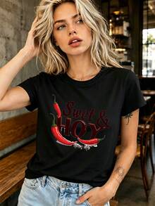 Talla unisex. Camiseta de manga corta con cuello redondo, estilo casual de verano, estampado de chile rojo Swet & Hoy, 270g, de alta calidad, transpirable, agradable al tacto, no se forman b - Negro - Ver 2
