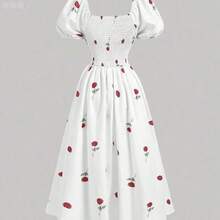 jianchaimaoyi02  MOD Vestido con manga abullonada, pliegues en el pecho, cintura fruncida y aplicación de flores rosas en la base - Blanco - Ver 3