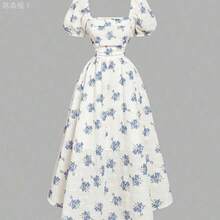 jianchaimaoyi02  MOD Vestido con manga abullonada, pliegues en el pecho, cintura fruncida y aplicación de flores rosas en la base - Blanco - Ver 10