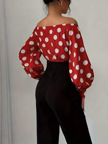 Elegant Women's Off-Shoulder Blouse With Polka Dots And Front Bow - Puff Sleeves, Round Neck, White, Machine Washable, Ideal For Casual Or Semi-Formal Wear In All Seasons - [紅色的] - 查看 3