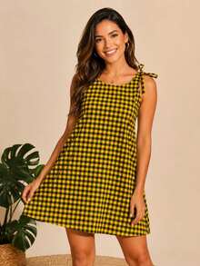 Casual Short Dress With Front Buttons, Long Sleeves, And A Plaid Print. - 黃色 - 查看 1