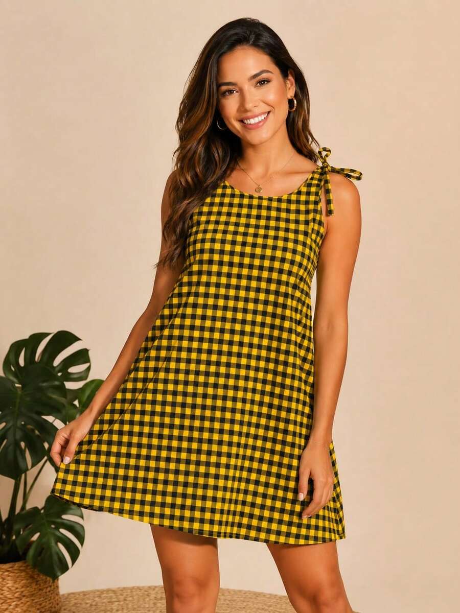 Casual Short Dress With Front Buttons, Long Sleeves, And A Plaid Print. - 黃色 - 查看 1