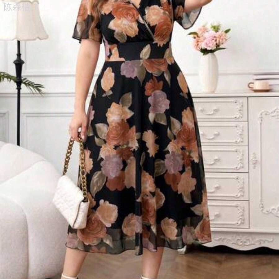 jianchaimaoyi02 Reflora Vestido floral elegante de talla grande, verano - Negro01 - Ver 1