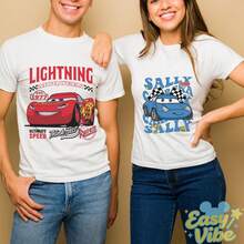 Disney 1PC Printed T-Shirt, "Lightning McQueen & Sally" Cars Couple T-Shirt, Unisex Cotton, All Seasons, Breathable, Exquisite, Ideal Gift - 男士白色T卹 - 查看 1