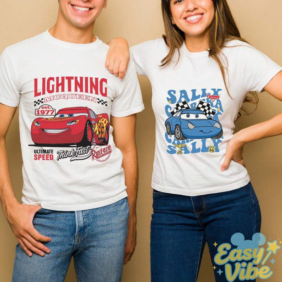 Disney 1PC Printed T-Shirt, "Lightning McQueen & Sally" Cars Couple T-Shirt, Unisex Cotton, All Seasons, Breathable, Exquisite, Ideal Gift - 男士白色T卹 - 查看 1