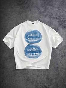 Loose-Fitting, Washed Blue-Shirt With Street-Style Lip Gem Tooth Pattern, Short-Sleeved, Suitable Spring/Summer, Funny A Friend Or Yourself. Hot Item. - 白色 - 查看 1