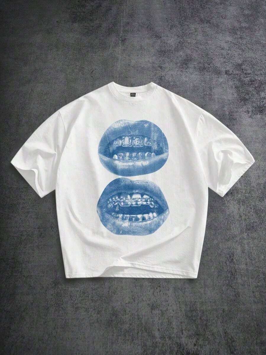 Loose-Fitting, Washed Blue-Shirt With Street-Style Lip Gem Tooth Pattern, Short-Sleeved, Suitable Spring/Summer, Funny A Friend Or Yourself. Hot Item. - 白色 - 查看 1