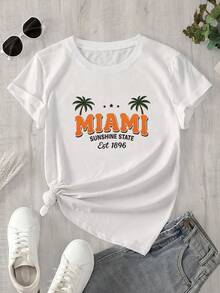 Top de manga corta con cuello redondo y estampado del logo de Miami Sun para mujer, apto para todas las estaciones. - Blanco - Ver 1