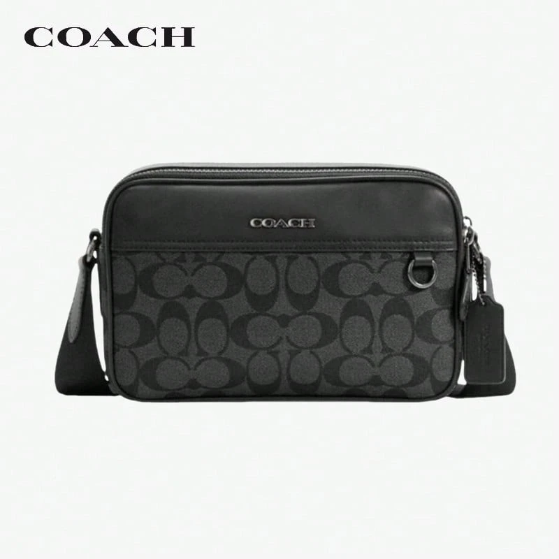 COACH Graham 23 Men's Camera Bag, Metal Pendant Canvas Patchwork Small Square Bag, Crossbody Bag, Medium Size Commuter Bag C4149 QBMI5, Luxury - Black - View 1