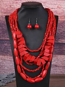 Bộ 2 món vòng cổ và bông tai phong cách Bohemian màu đỏ hồng trơn vân gỗ xếp lớp, phụ kiện đa năng cho đi làm hàng ngày và hẹn hò - Xanh đậm - Xem 13