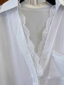 Women's White Long Sleeve Polyester Shirt With Lace Decoration, Fashionable Daily Wear, Pocket Design, Regular Fit - White - View 4