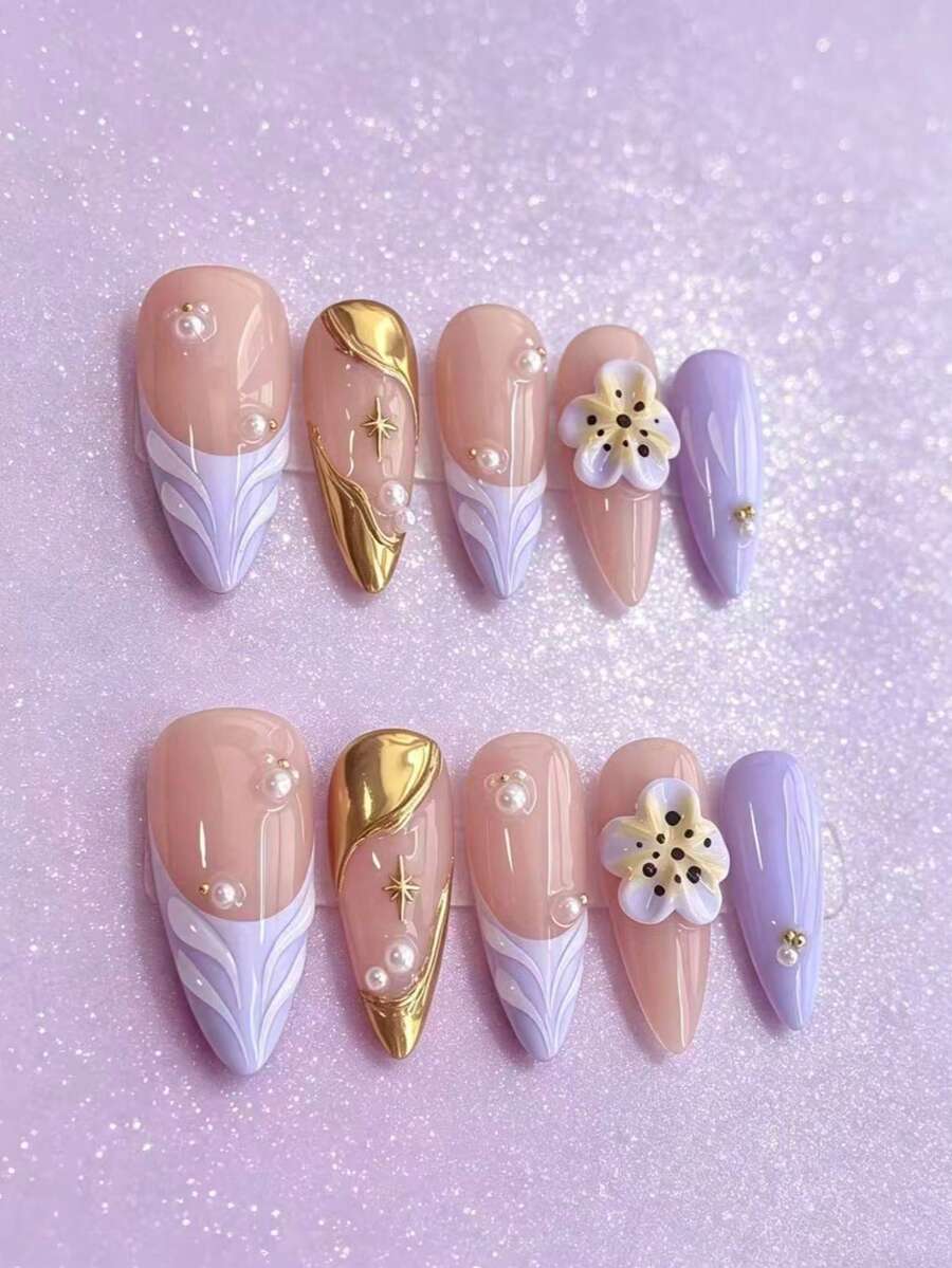 10pcs Date Essential Soft Skin Nude Pink Lavender French Gold Swirl Pearl 3D Flower Bright Color Versatile Press-On Nails - 紫丁香色 - 查看 1
