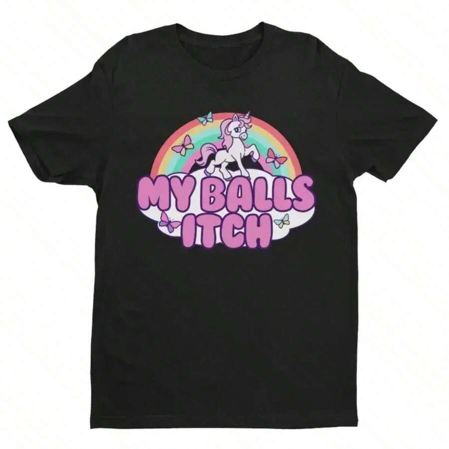 Funny Meme T-Shirt "My Balls Itch" Ironic Unicorn Rainbow Offensive T-Shirt, Embarrassingly Weird Thank You Meme T-Shirt I - 黑色 2 - 查看 1
