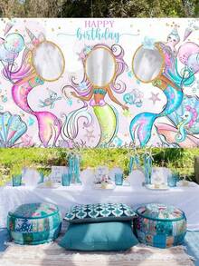 1pc Purple Mermaid Style Polyester Photo Backdrop, Printed With "Happy Birthday" Text, Reusable, Suitable For Birthday Party Background Decoration, Photo Prop Backdrop - View 2