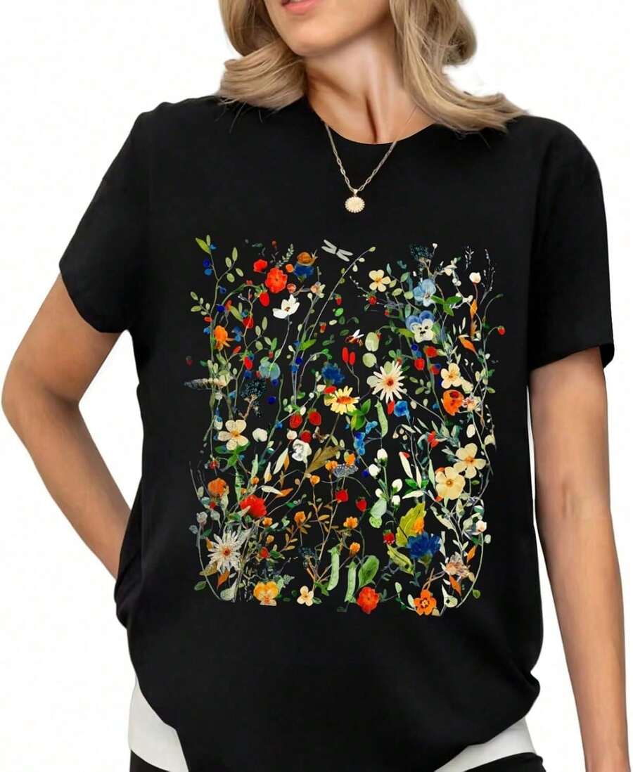 Women's Vintage Bohemian Floral Print T-Shirt, Short Sleeve Printed Blouse For Girls, Breathable And Comfortable. Pure Cotton T-Shirt, Soft And Comfortable To The Touch. - -4 - 查看 1