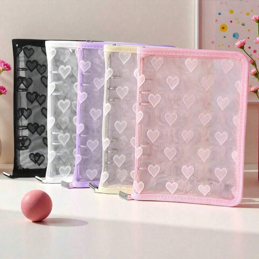 Carpeta con cremallera de encaje de corazón de gran capacidad tamaño A5/A6, bolsa de almacenamiento de pegatinas, juego de cuaderno portátil, carpeta de documentos, álbum de sellos, libro de pegatinas, estuche para lápices, páginas de repuesto transparentes A5, páginas de repuesto transparentes de PP, álbum de fotos, libro de ahorros, bolsa de almacenamiento de documentos - Corazón A5 - Ver 1