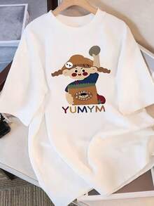 Fashionable Short-Sleeved T-Shirt For Ladies, Cute Little Bear Cool GIRL Letter Print Casual Loose-Fitting Women's 100% Pure Cotton Top, Women's Clothing - White - View 1