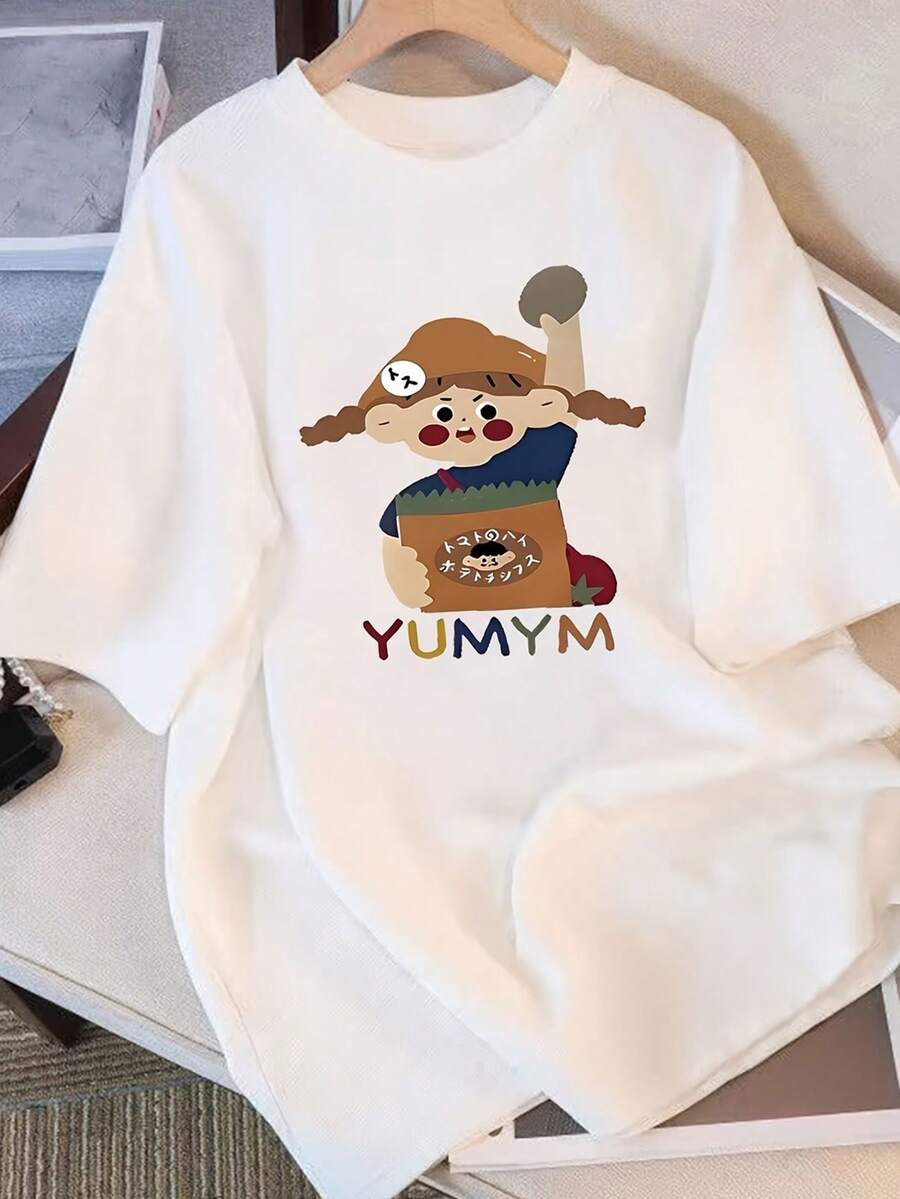 Fashionable Short-Sleeved T-Shirt For Ladies, Cute Little Bear Cool GIRL Letter Print Casual Loose-Fitting Women's 100% Pure Cotton Top, Women's Clothing - White - View 1
