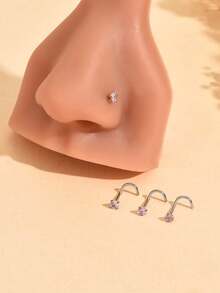 4pcs/Set Versatile Fashion Accessories - Round Star, Heart, Square Cubic Zirconia Nose/Lip/Cartilage Studs, 0.8x7mm Stainless Steel Nose/Ear Rings, Suitable For Women Body Piercing Jewelry - Bent Rod Nose Pin 4-piece Set - View 3