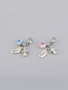 HuooNew 1pc 925 Sterling Silver Baby Footprint & Pacifier Cubic Zirconia Pendant Charm, "Love" Engraved Pink & Blue Heart Pendant, Compatible With European Bracelets, Newborn & Baby Baptism Jewelry Gift - Silver - View 2