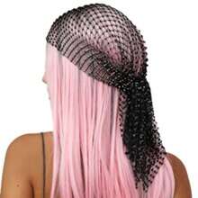 1pc New 100cm Rhinestone Mesh Headscarf With Hollow Design, European And American Style Rhinestone Fishnet Sparkling Head Cover, Fashion Full Rhinestone Face Mask, Music Festival Headscarf, Fashion Party Fishnet Hat Veil Wedding Accessory Summer Headband Beach Scarf Vacay Bandanas - Multicolor - View 7