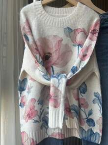 Suéter de punto de manga larga estampado para mujer, ajuste regular, dobladillo de punto acanalado, elasticidad media, adecuado para uso en otoño/invierno, rosa vacaciones - Rosa - Ver 3