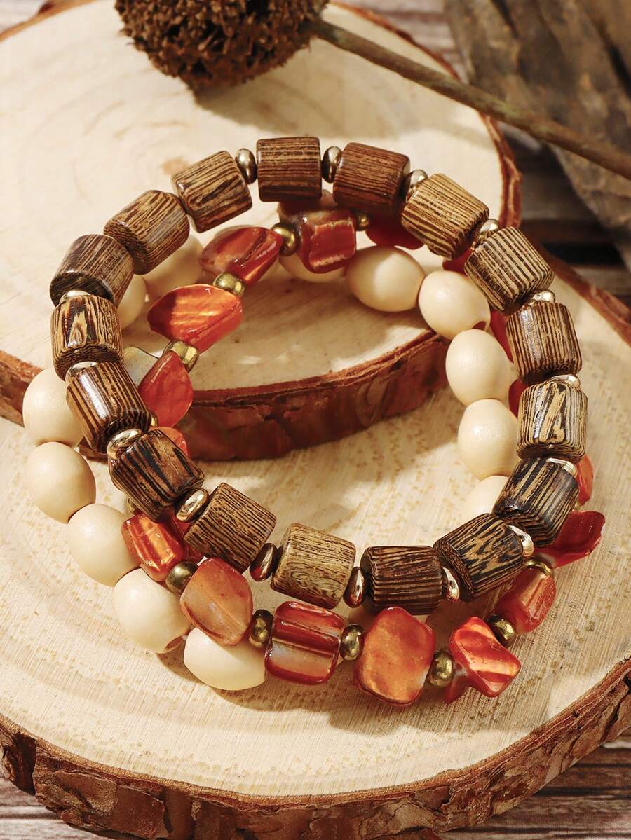 BOCAR 3pcs/Set Natural Beaded Wooden Bracelet Set, Suitable For Beach & Vacation - Brown - View 1