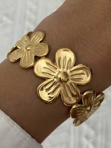 1pc Stainless Steel 3D Flower Open Bangle Bracelet, Suitable For Women's Daily Wear - Gold - View 5