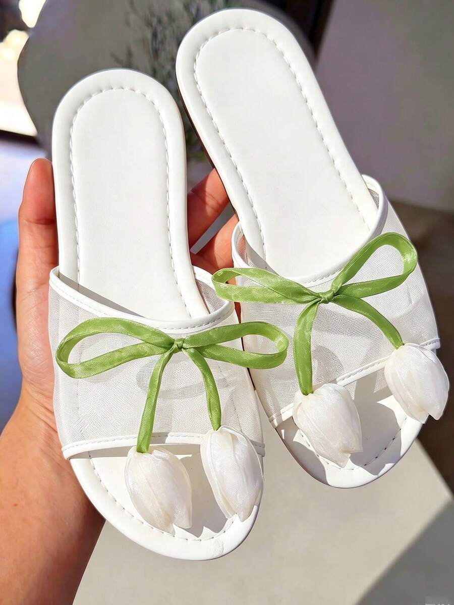 planare 女款夏季時尚日常休閒度假風網面鬱金香蝴蝶結裝飾一腳蹬開口趾平底多色涼鞋白色涼鞋平底女款拖鞋蝴蝶結拖鞋白色蝴蝶結拖鞋女款涼鞋夏季度假涼鞋優雅女款涼鞋女款涼鞋平底涼鞋可愛涼鞋優雅女款涼鞋