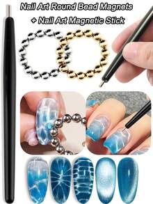 Conjunto de Ferramentas Magnéticas para Nail Art Olho de Gato: Ímãs de Contas Redondas + Haste Magnética, Contas Magnéticas Redondas para Unhas de 5MM Flor de Gelo Ondas de Água Ímã para Unhas Profissional DIY Design de Nail Art Efeito Brilhante Acessórios, Suprimentos para Salão de Unhas - Multicolorido - Visão 1
