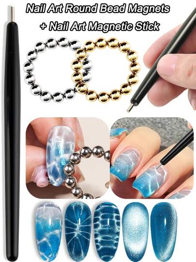 Nail Art Cat Eye Magnetic Tool Set:Round Bead Magnets + Magnetic Rod, 5MM Nail Round Magnet Beads Ice Flower Water Ripple Nail Magnet Professional DIY Nail Art Design Shiny Effect Accessories, Nail Salon Supplies