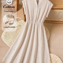 xuehuamaoyi02  Vestido casual de verano de cuello en V a media pierna con rayas para mujer - Multicolor - Ver 4