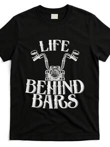 Unisex T-shirt i ren bomull, rolig T-shirt för män med motorcykel- och fängelseskämt-tryck, grafisk T-shirt med livet bakom galler-tema, avslappnad kortärmad tröja för entusiaster och humoristiska gåvor. Samma stil för män och kvinnor. Kortärmad sommar-T-shirt, blus, basplagg, toppar, kreativ design, utomhuslek, cool stil, rolig design, perfekt för utomhuslek. - Svart - Visa 1
